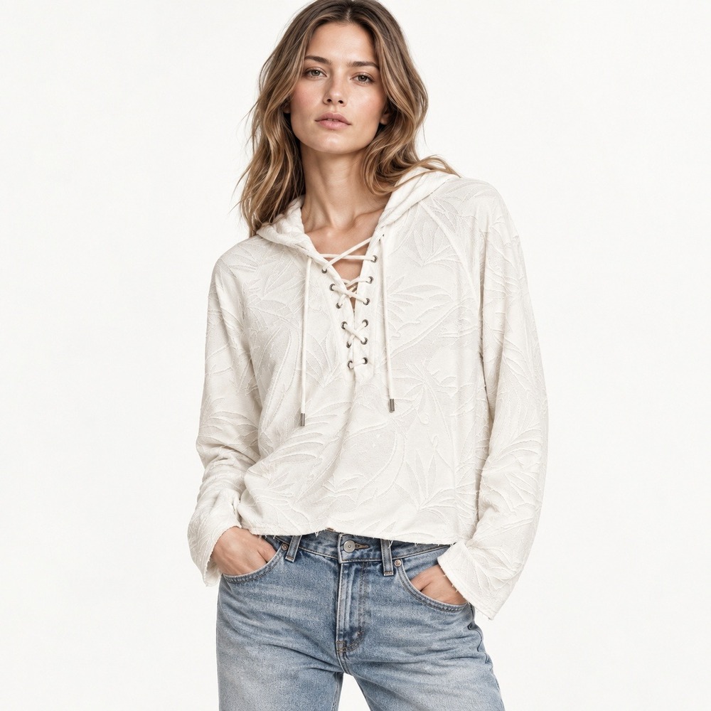 rag & bone JEAN Lace Up Hoodie Ivory Tropical Palm Leaf Jacquard Raw Hem Fall L